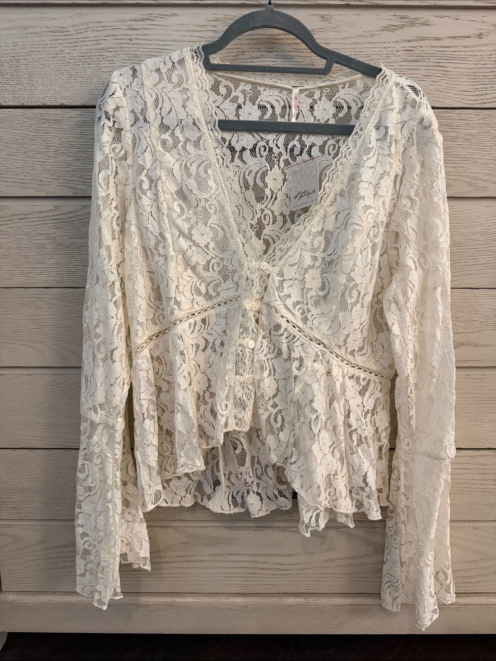 Free People Cream Lace Peplum Button-Front Blouse